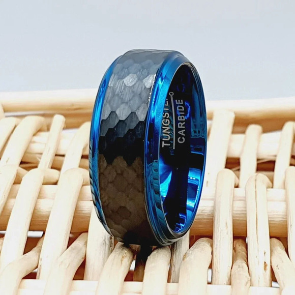 "Hammered Center Black & Blue Tungsten Wedding Band, GALTUN937 - Picture 4 of 5